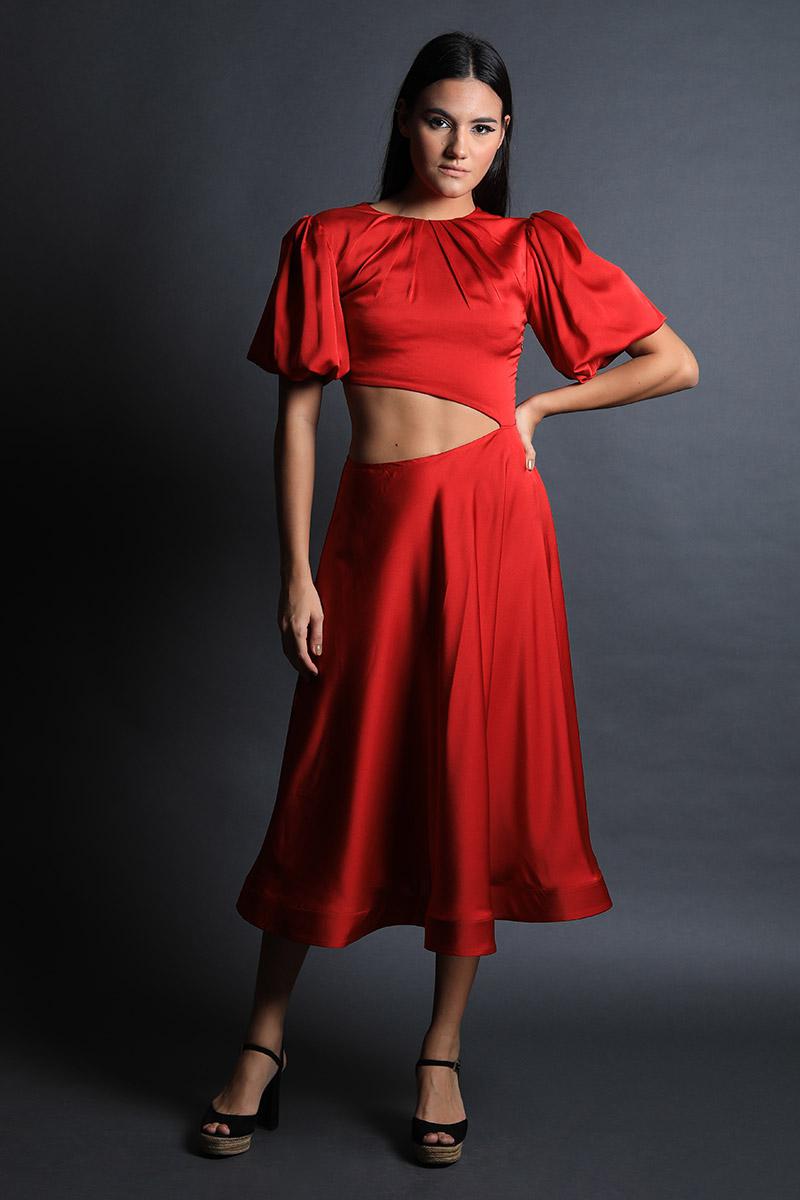 Pouf Sleeves Fit & Flared Dress with Cut Out