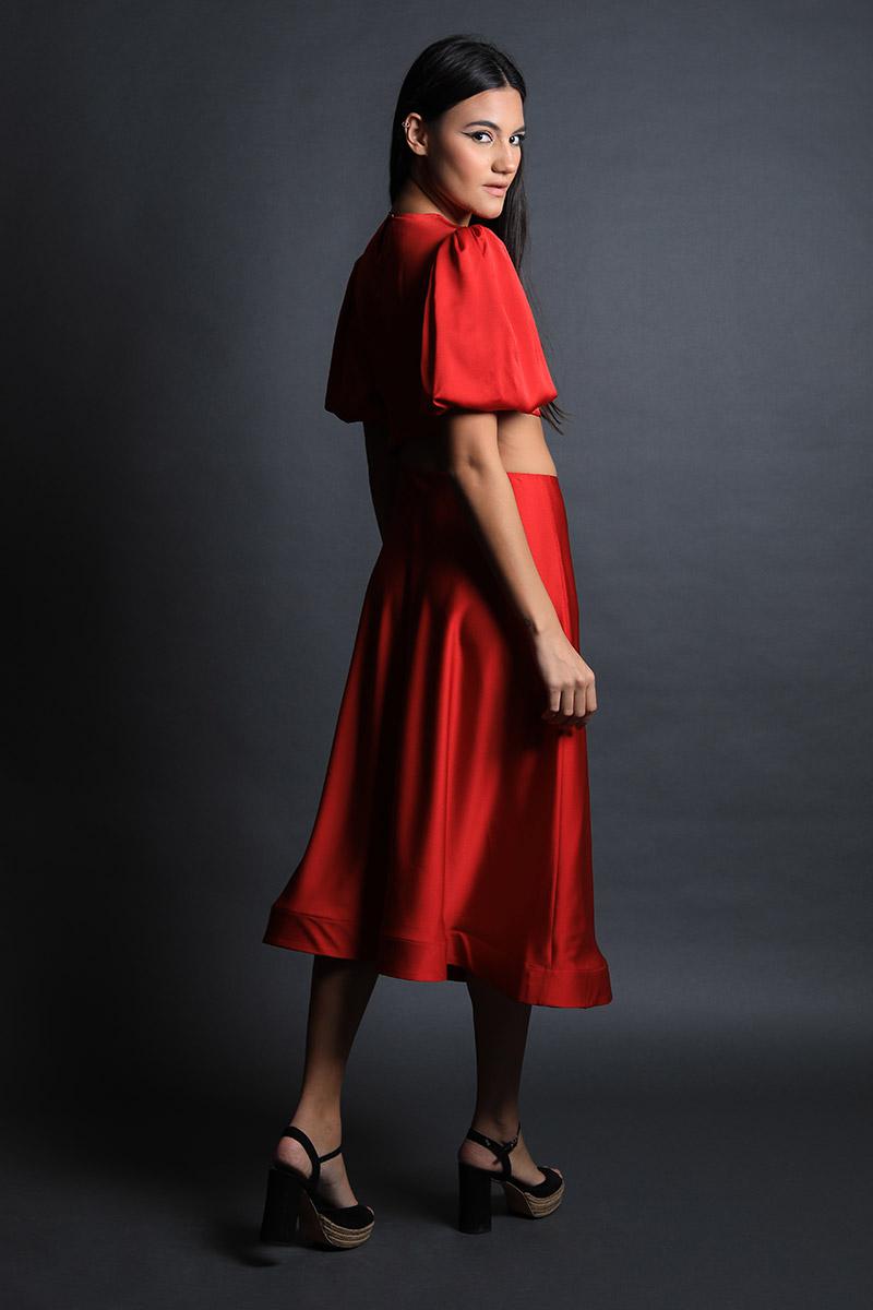 Pouf Sleeves Fit & Flared Dress with Cut Out