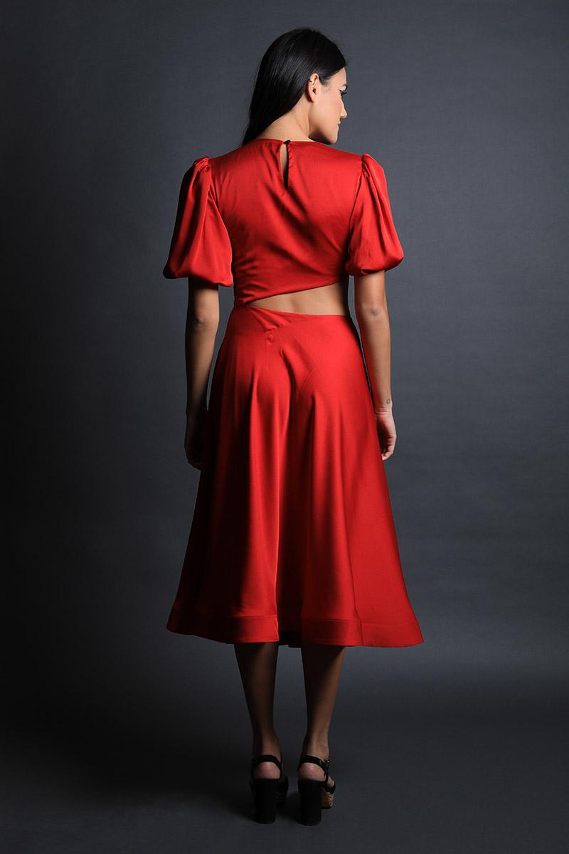 Pouf Sleeves Fit & Flared Dress with Cut Out