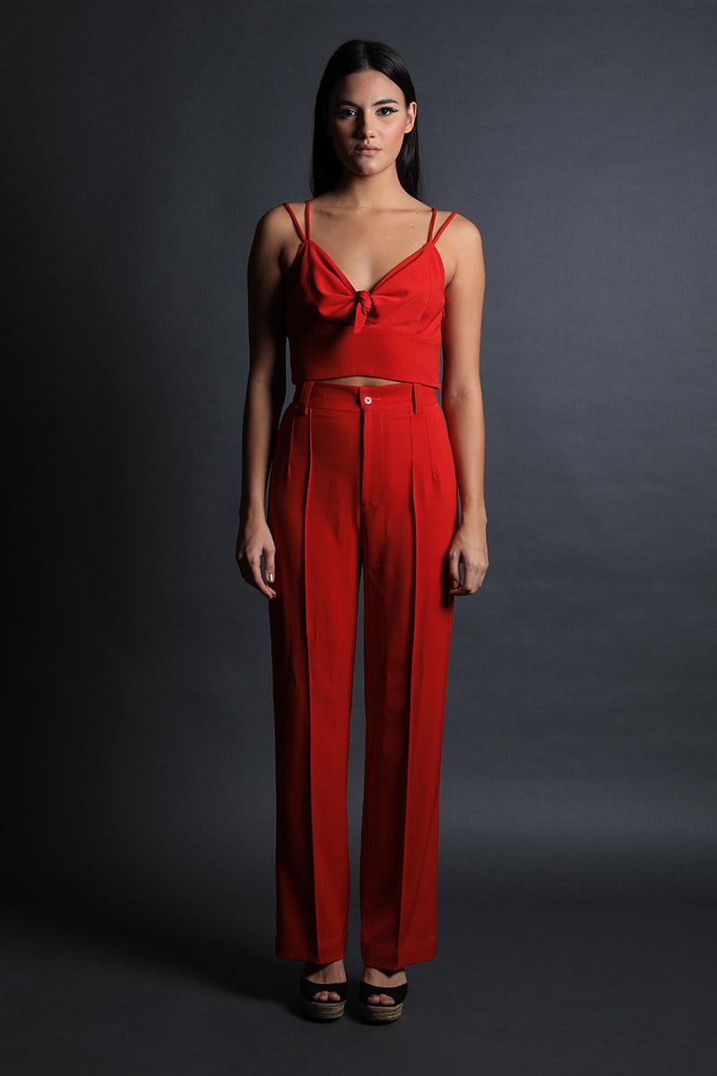 Strap Crop Top With Pintucks Detail Pants Set