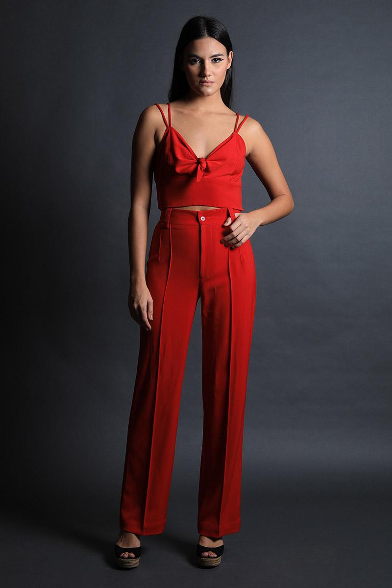Strap Crop Top With Pintucks Detail Pants Set