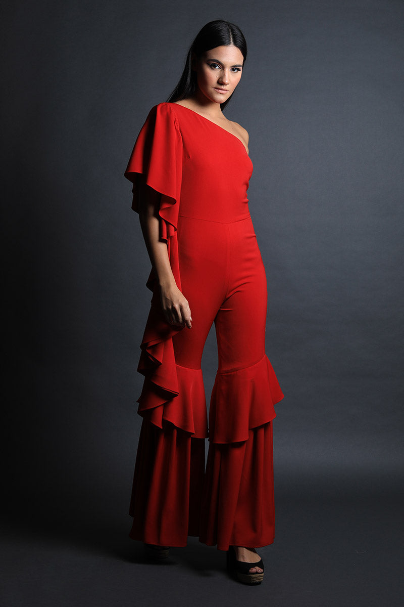 One Shoulder Ruffled Pants Jumpsuit