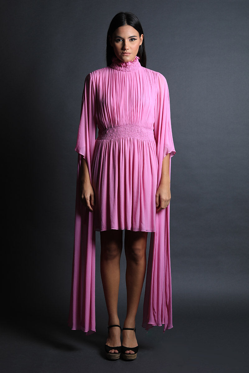 Rose Pink Draped Sleeves Ruched Dress
