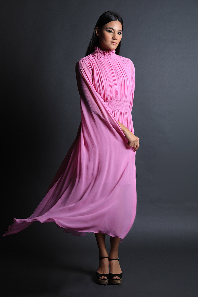 Rose Pink Draped Sleeves Ruched Dress