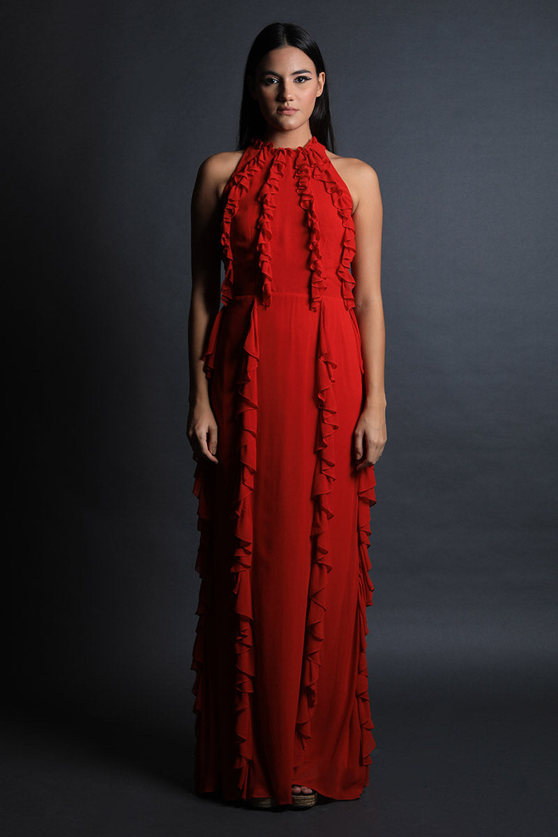 Halter Neck Straight Gown with Frill Texturing