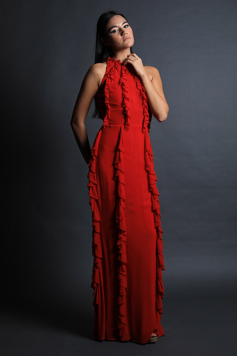 Halter Neck Straight Gown with Frill Texturing