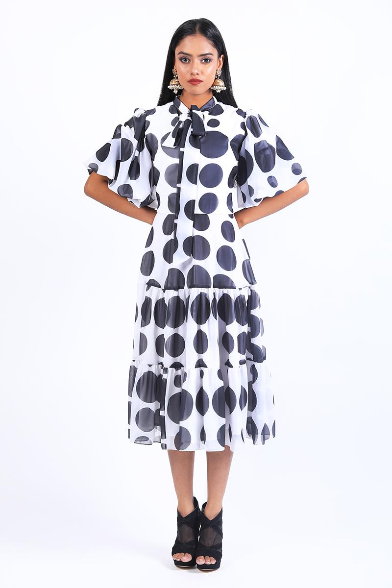 Scarf Collar With Balloon Sleeves Dress