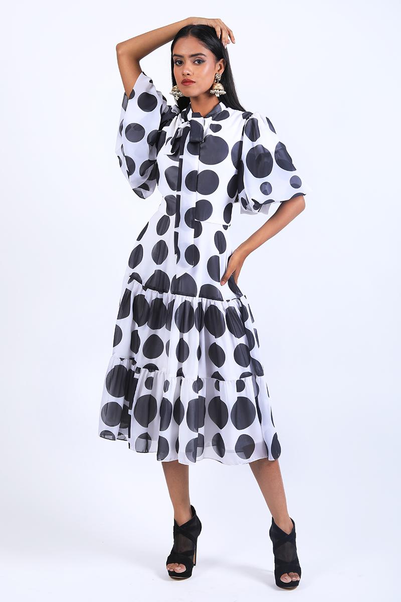 Scarf Collar With Balloon Sleeves Dress