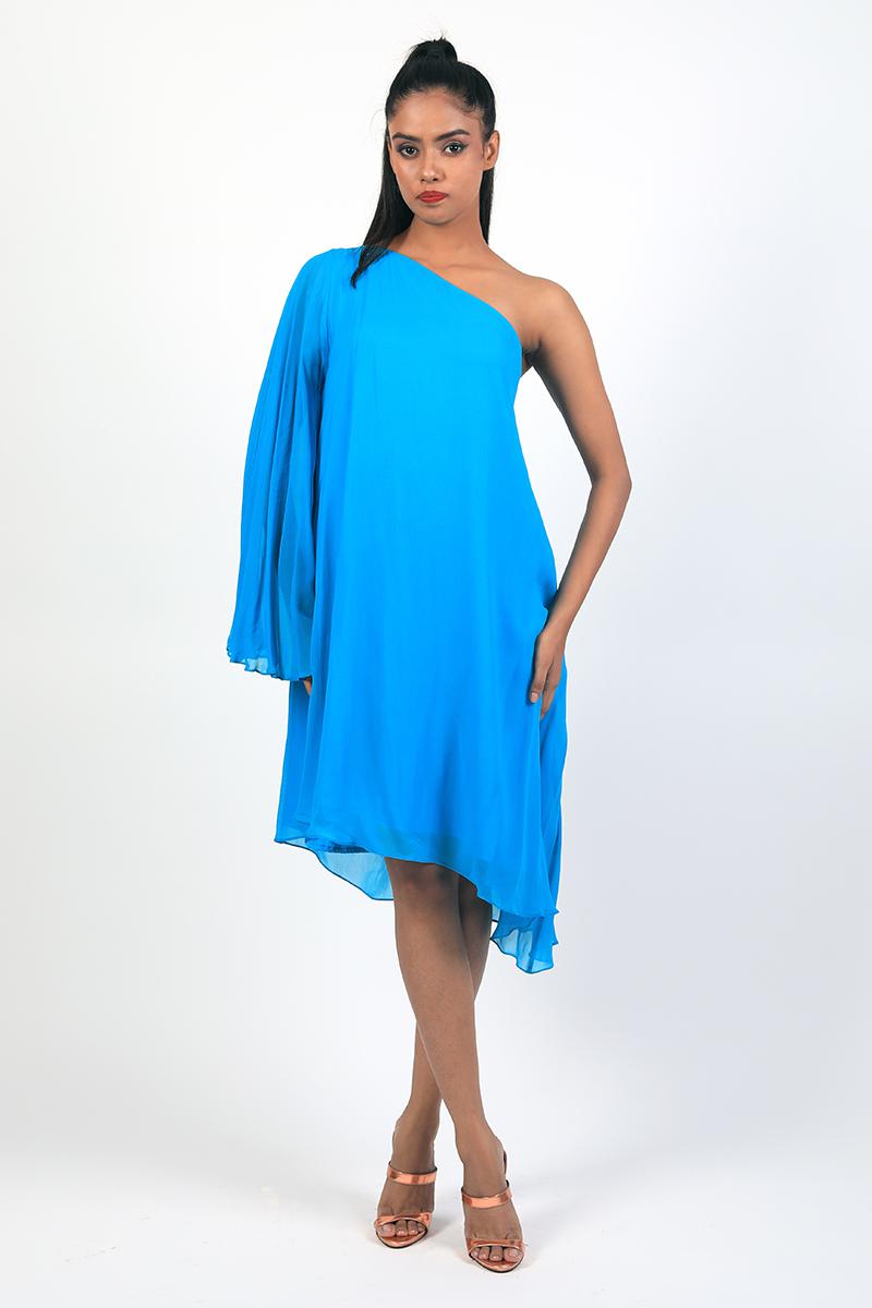 One Shoulder Dress With One Flared Sleeve