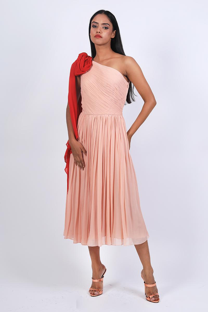 One Shoulder With Block Color Bow Dress