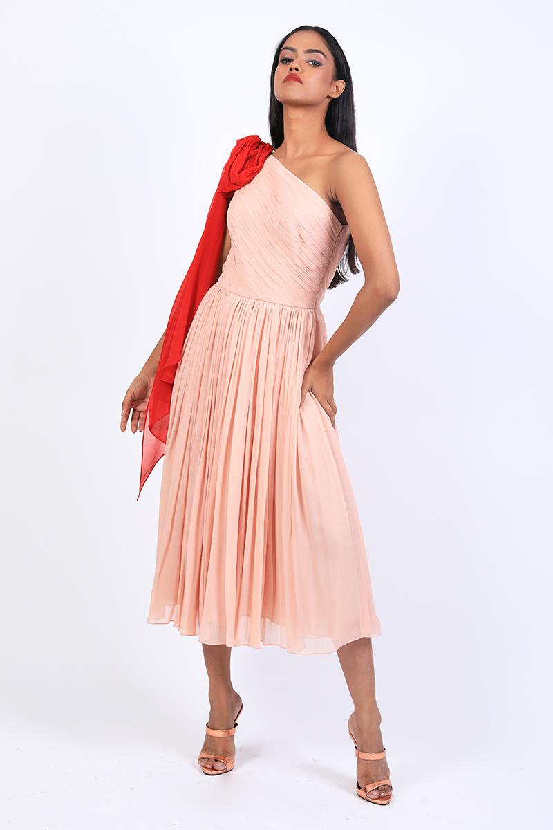 One Shoulder With Block Color Bow Dress