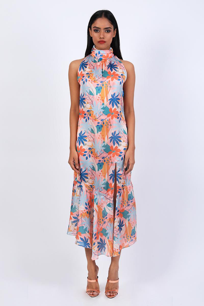 Halter Neck Sheath Dress With Ruffled Dress