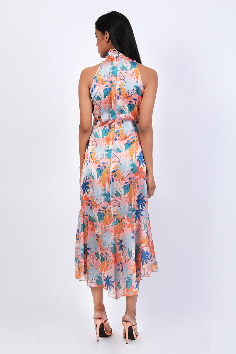 Halter Neck Sheath Dress With Ruffled Dress