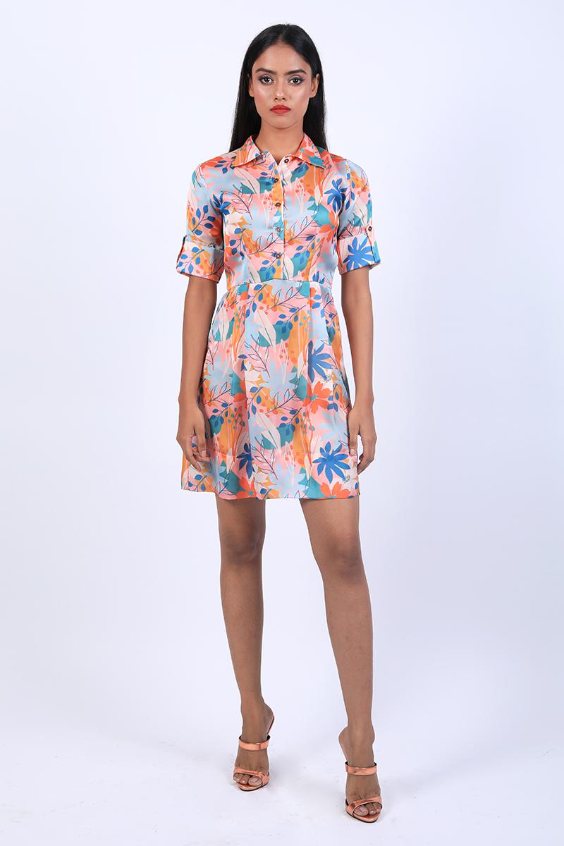 Shirt Cap Collar Dress With 3/4th Sleeves
