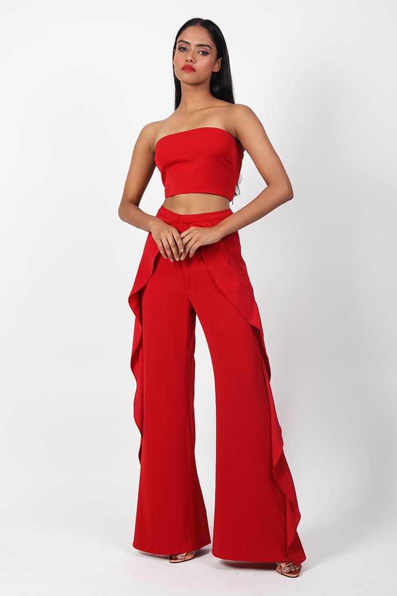 Tube Crop Top And Ruffles Pants Set