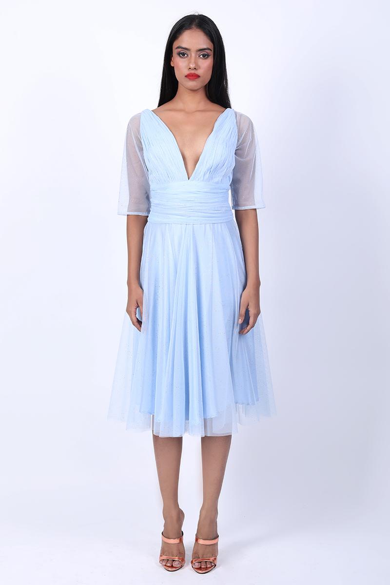 Deep V Neck With 3/4th Sleeves Dress