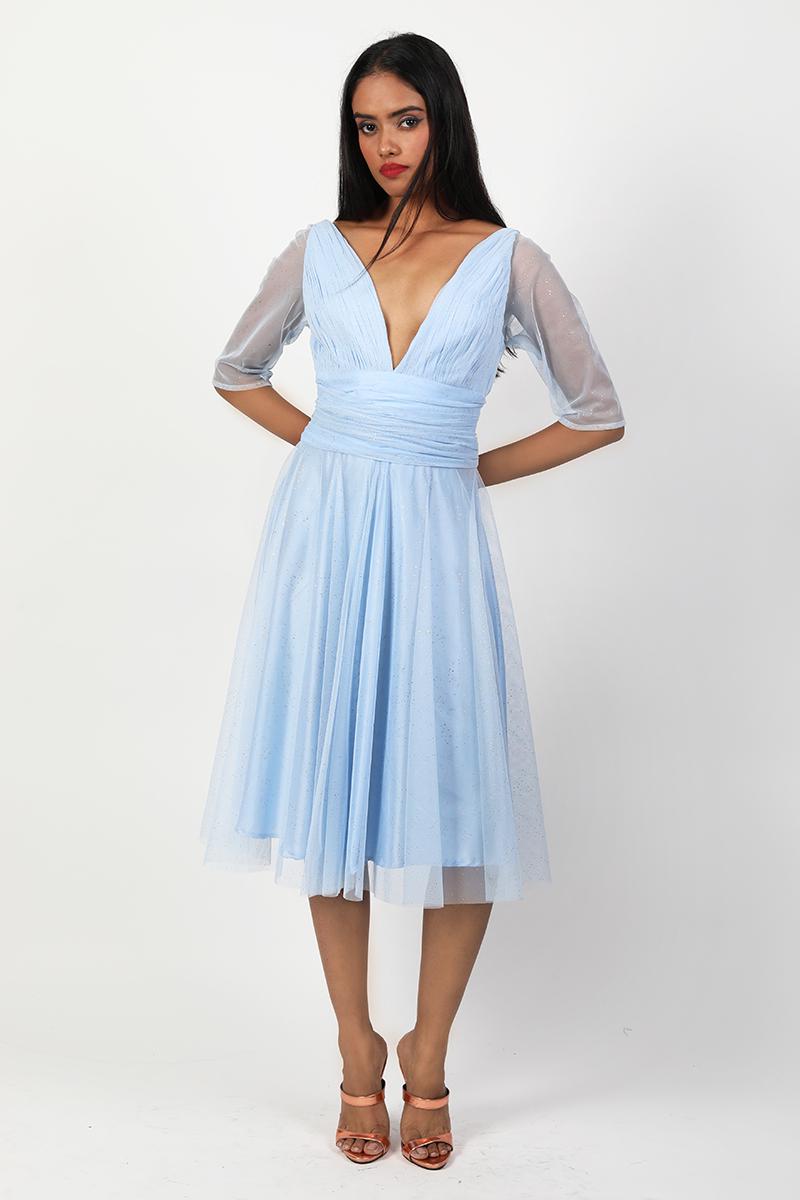 Deep V Neck With 3/4th Sleeves Dress