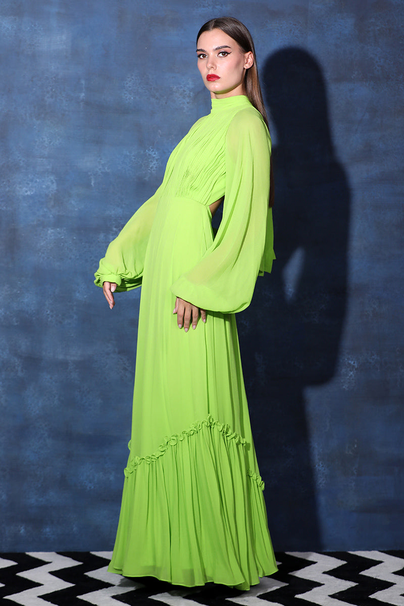 Backless Tie Halter Neck Gown with Frilled Hem & Full Puff Sleeves