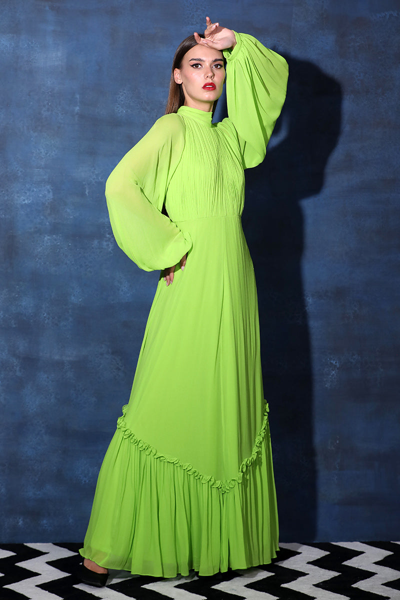 Backless Tie Halter Neck Gown with Frilled Hem & Full Puff Sleeves