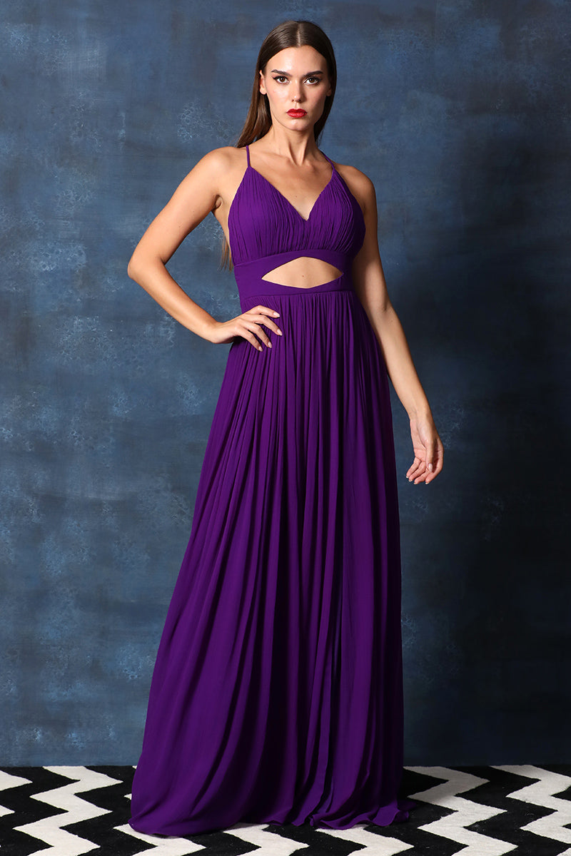 Strappy V Neck Peek a Boo Cut Out Backless Gown with Side Slit