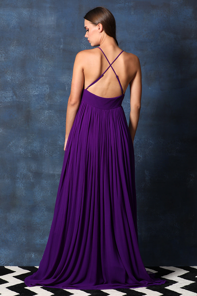 Strappy V Neck Peek a Boo Cut Out Backless Gown with Side Slit