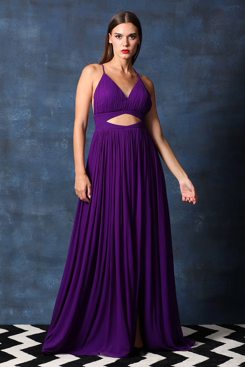 Strappy V Neck Peek a Boo Cut Out Backless Gown with Side Slit