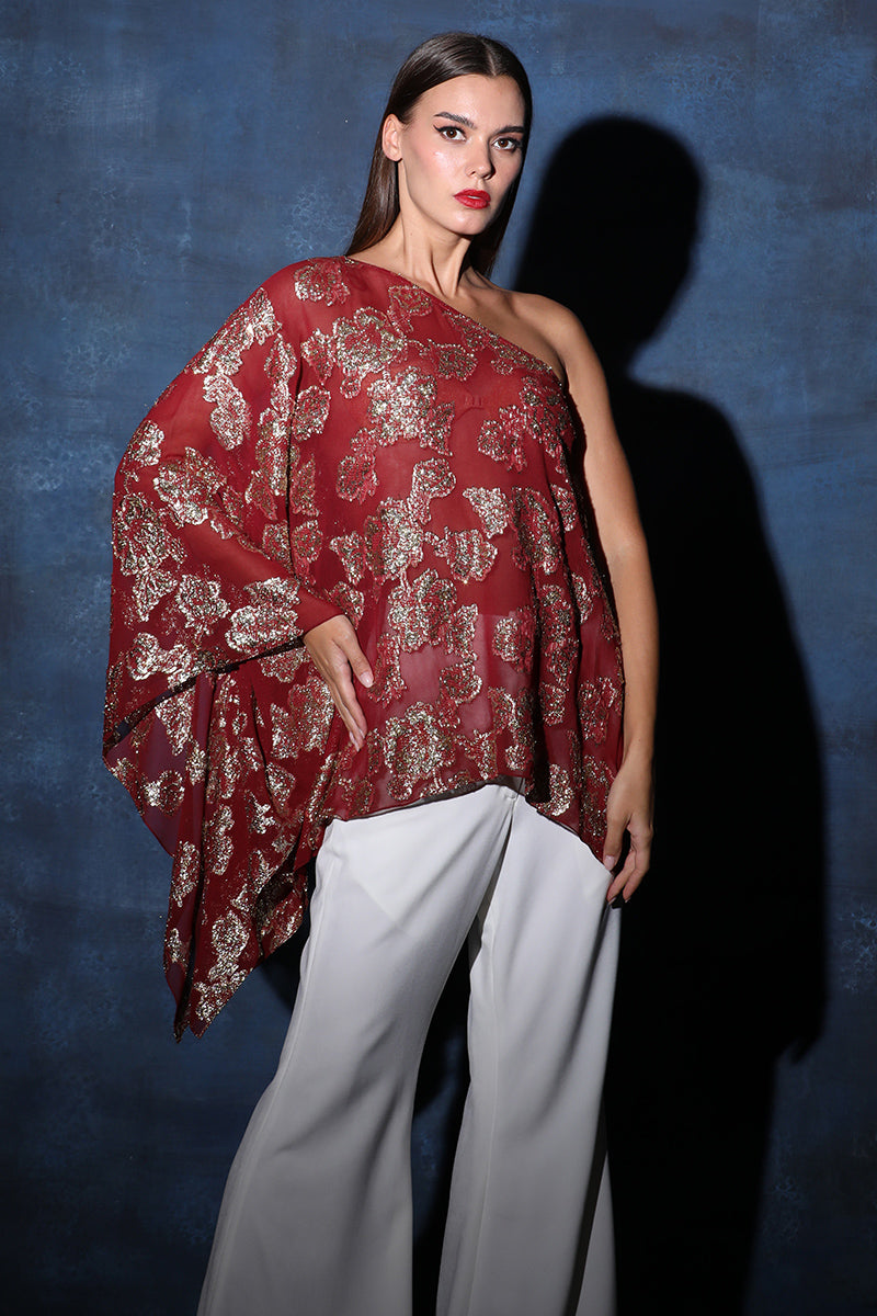 One Shoulder Asymmetrical Lurex Flared Top