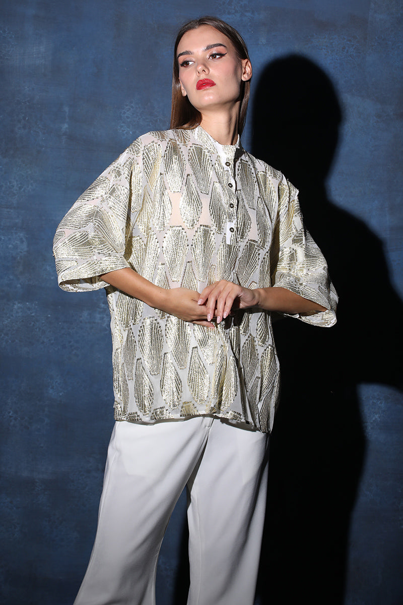 Oversized Georgette Base Ivory Shirt Style Top