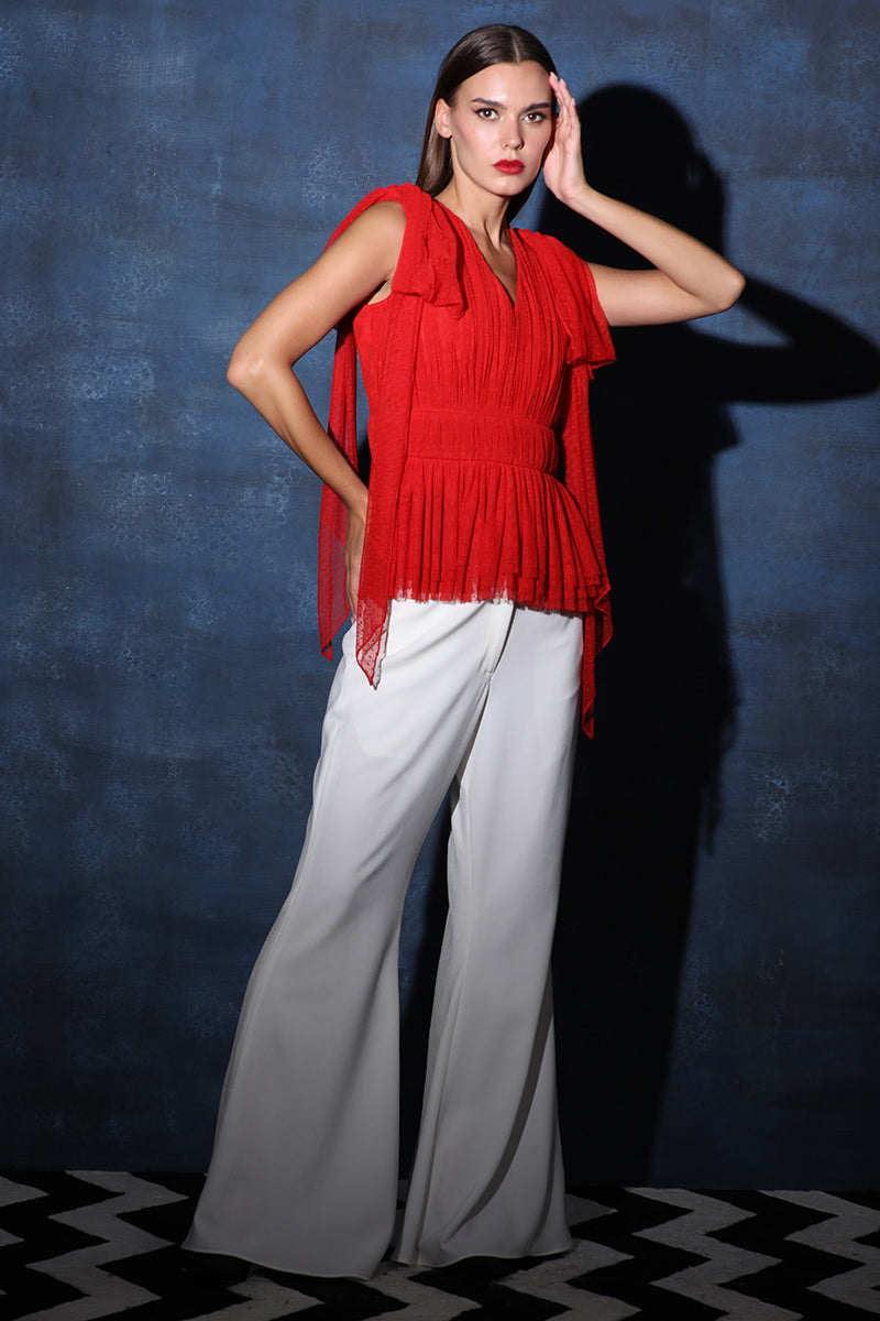 V Neck Polka Net Gathered Red Tied Up Top