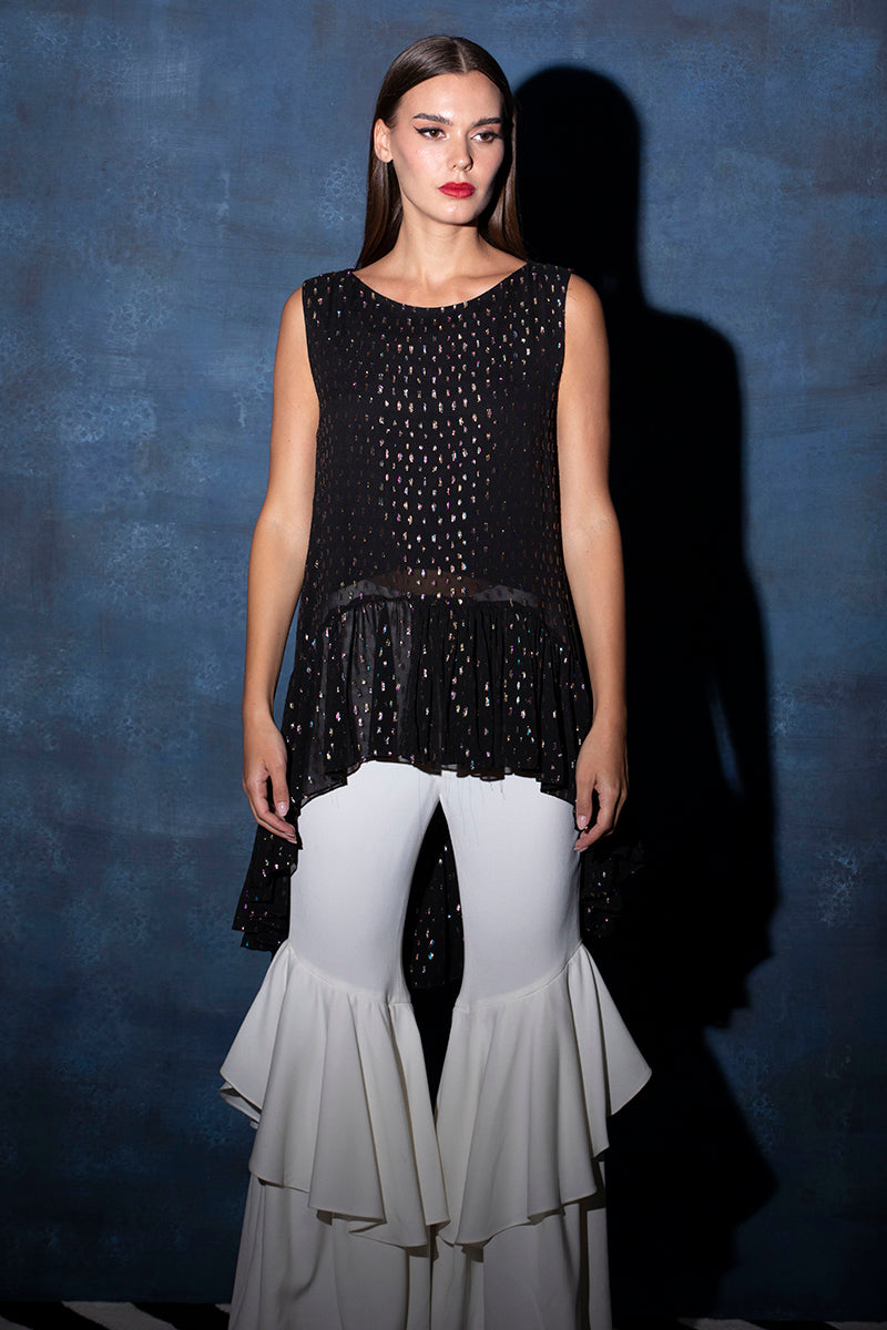 Boat Neck Multi Lurex Asymmetrical Top with Gathers
