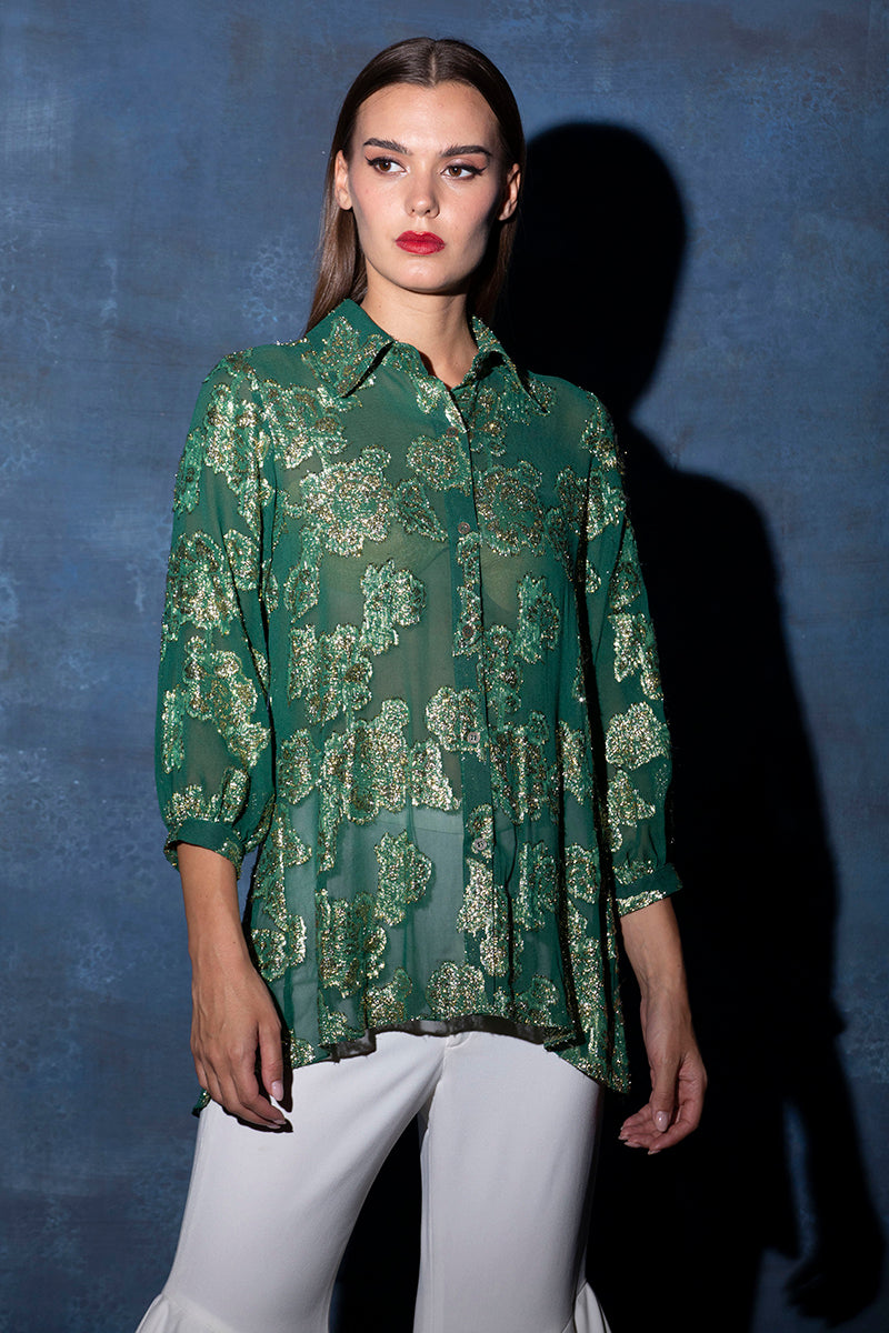 Amazon Green Floral Lurex Buttoned Shirt