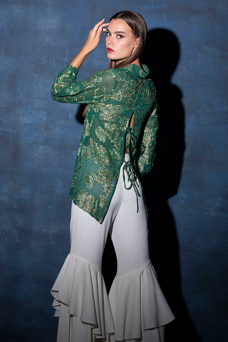 Amazon Green Floral Lurex Buttoned Shirt