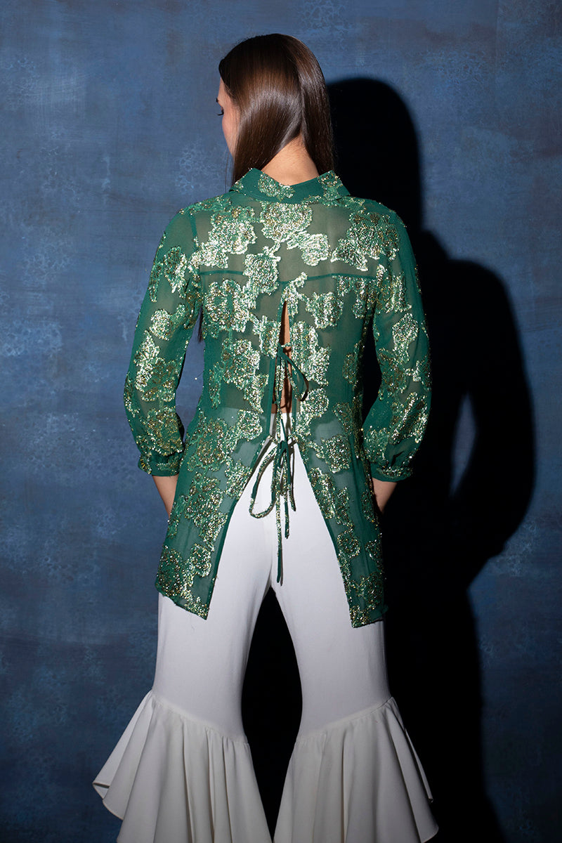 Amazon Green Floral Lurex Buttoned Shirt