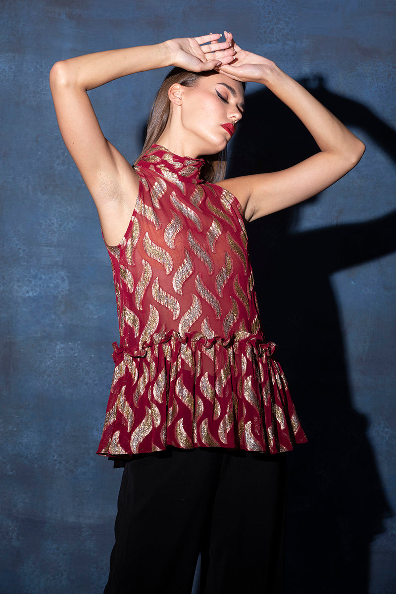 Maroon Halter Neck Top with Frilled Hem