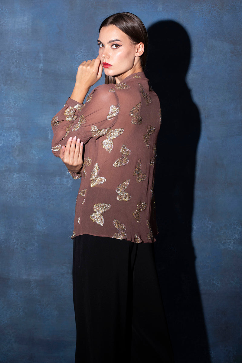 Mud Brown Buttoned Shirt Top with Lantern Sleeves