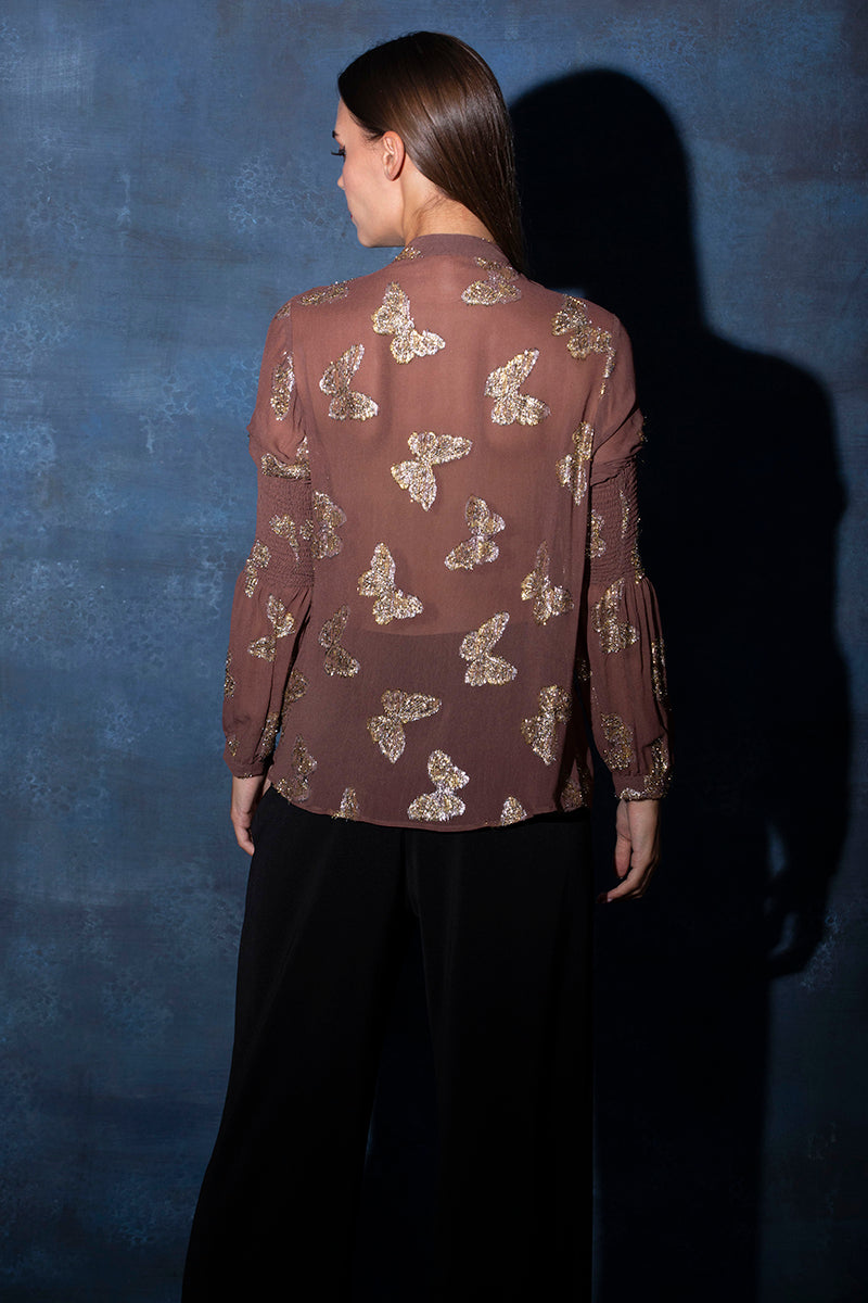 Mud Brown Buttoned Shirt Top with Lantern Sleeves