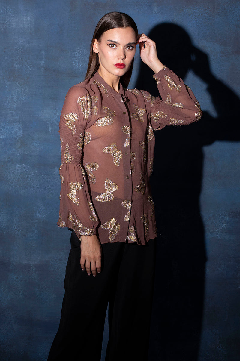 Mud Brown Buttoned Shirt Top with Lantern Sleeves
