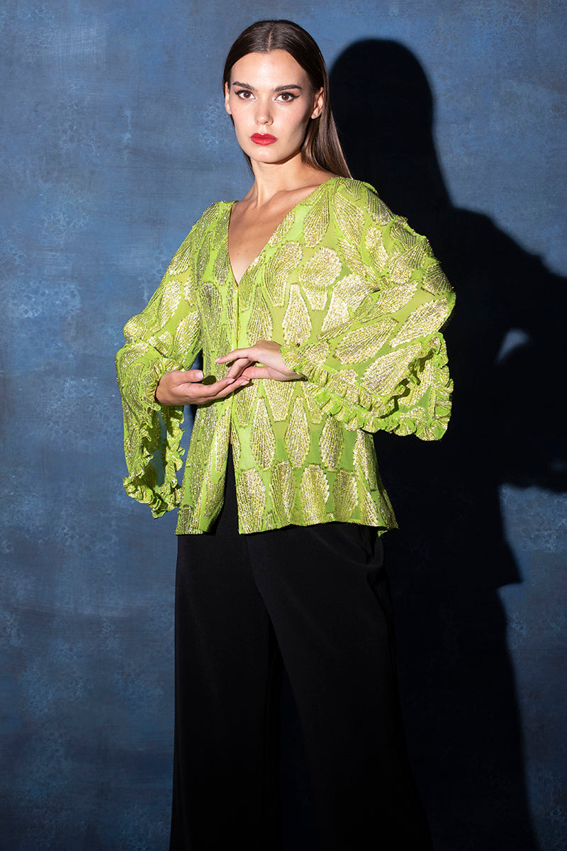 V Neck Leaf Green Lurex Top with Flared Sleeves