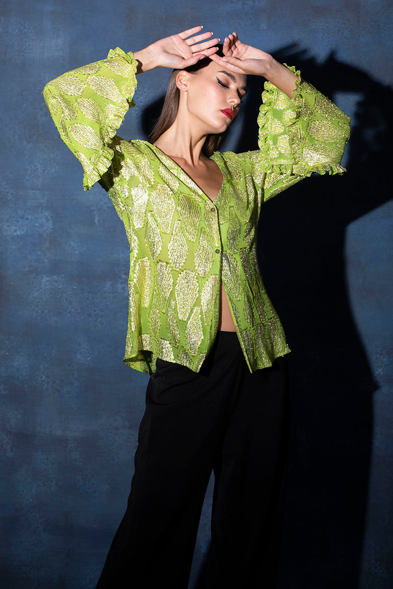 V Neck Leaf Green Lurex Top with Flared Sleeves