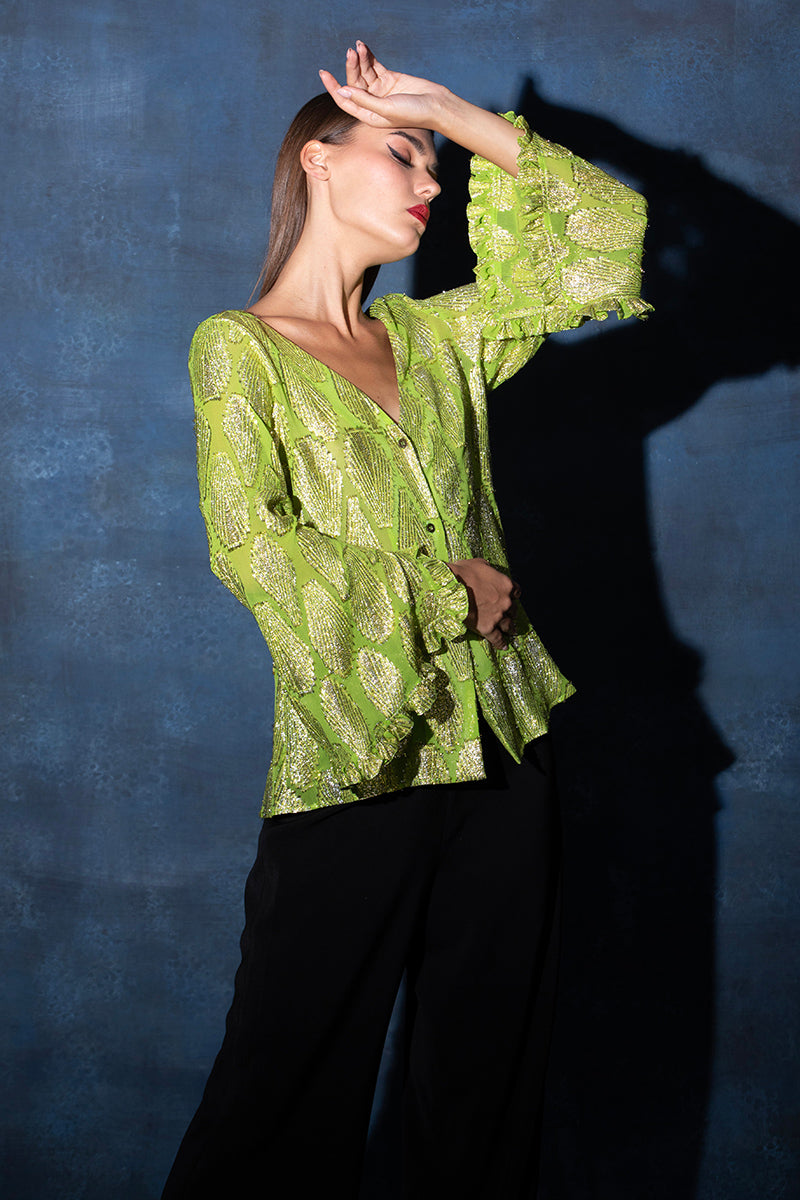 V Neck Leaf Green Lurex Top with Flared Sleeves