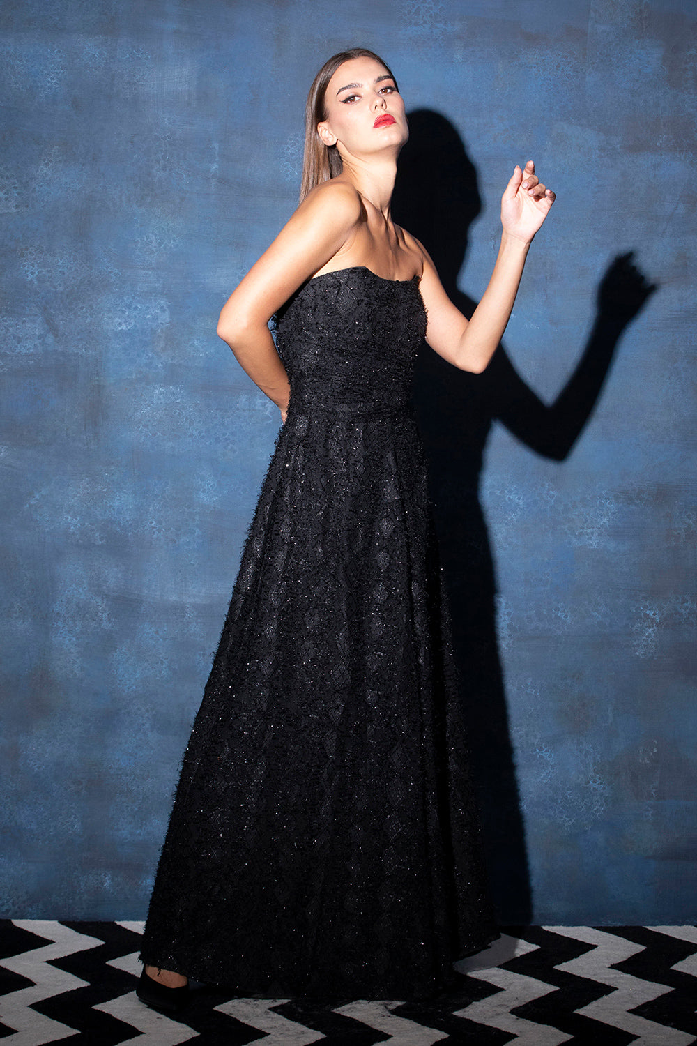 Black Corset Gown with Criss Cross Drapes in Embellished Base