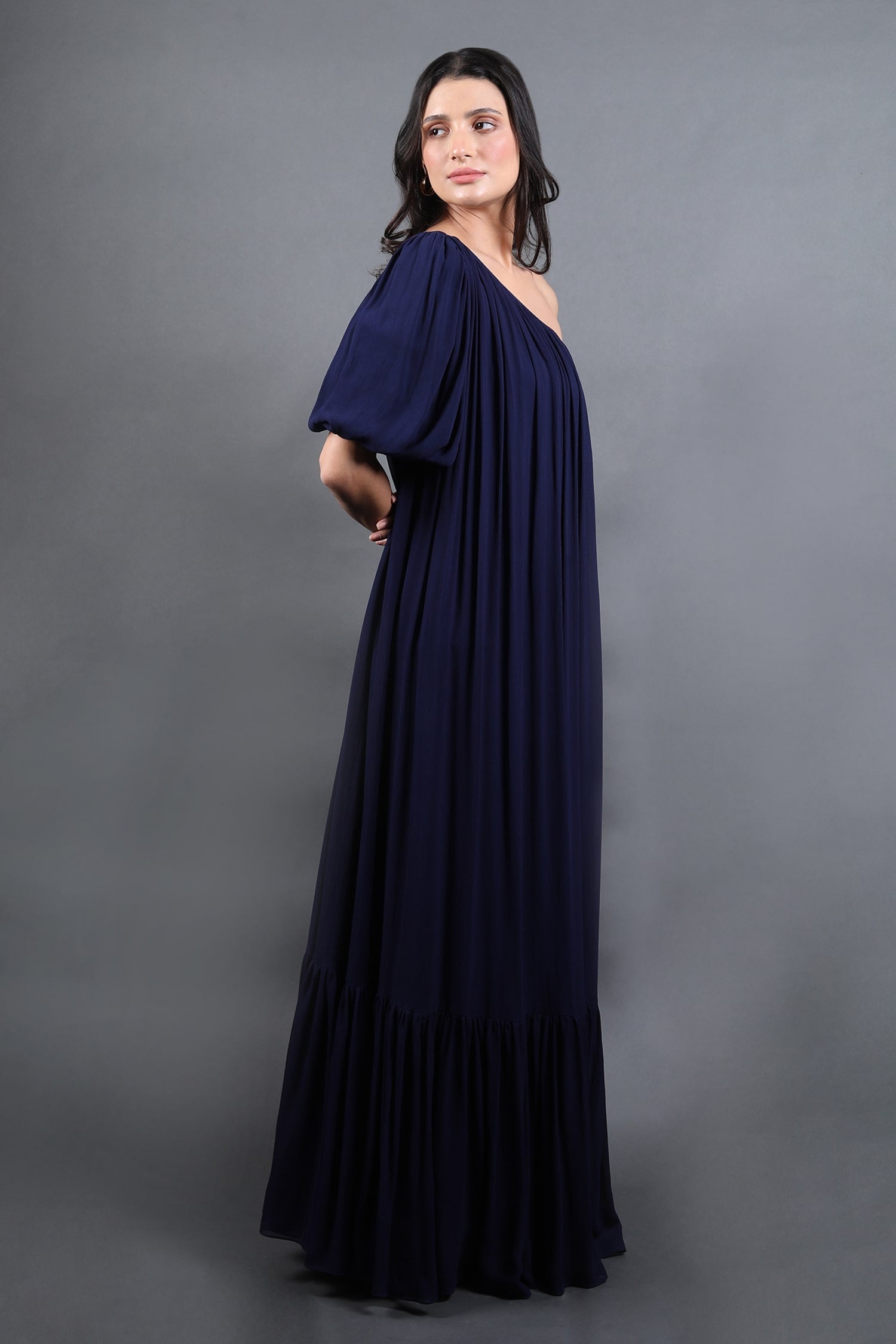 One Shoulder Pleated Hem Maxi