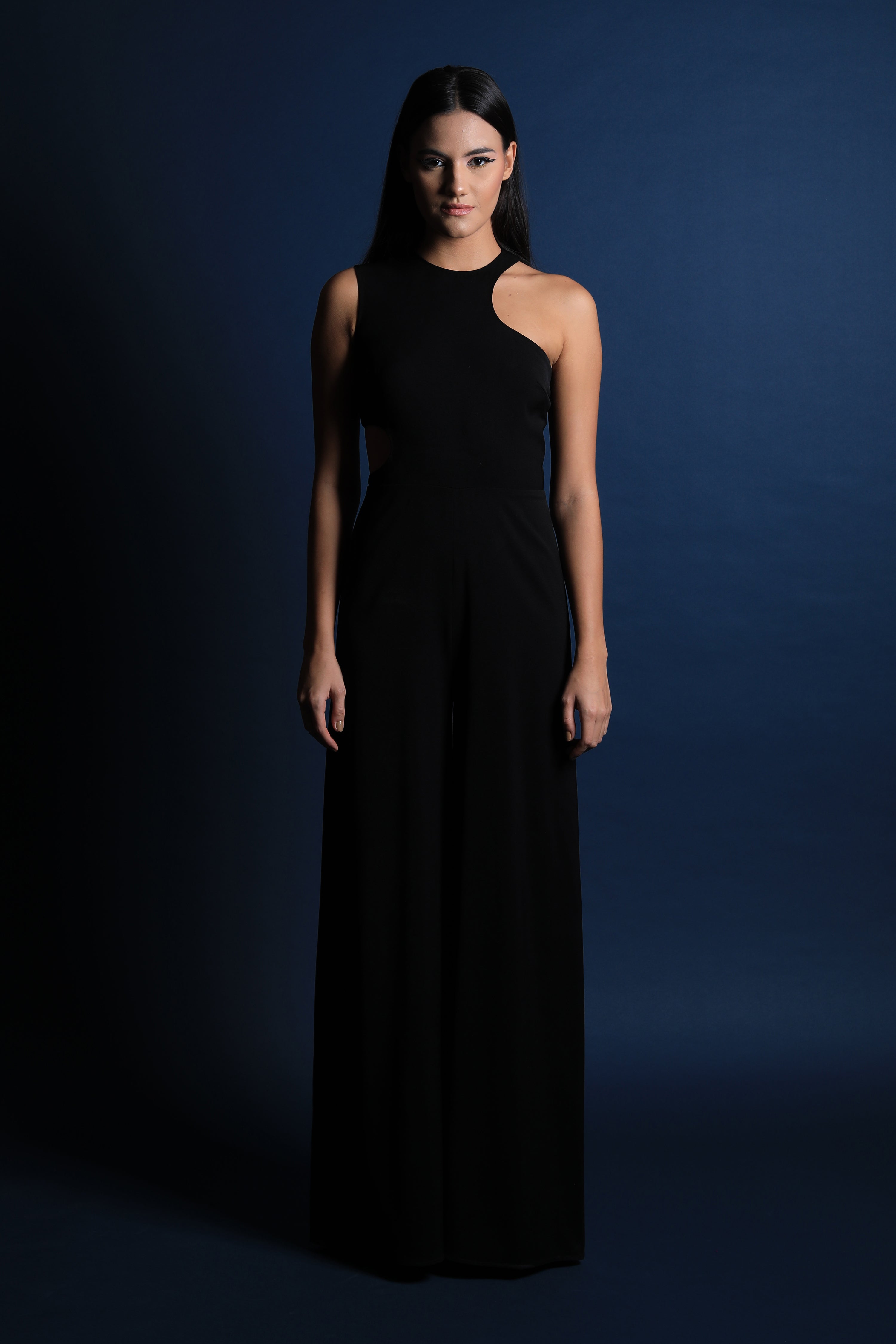 Black Curved Neckline Jumpsuit