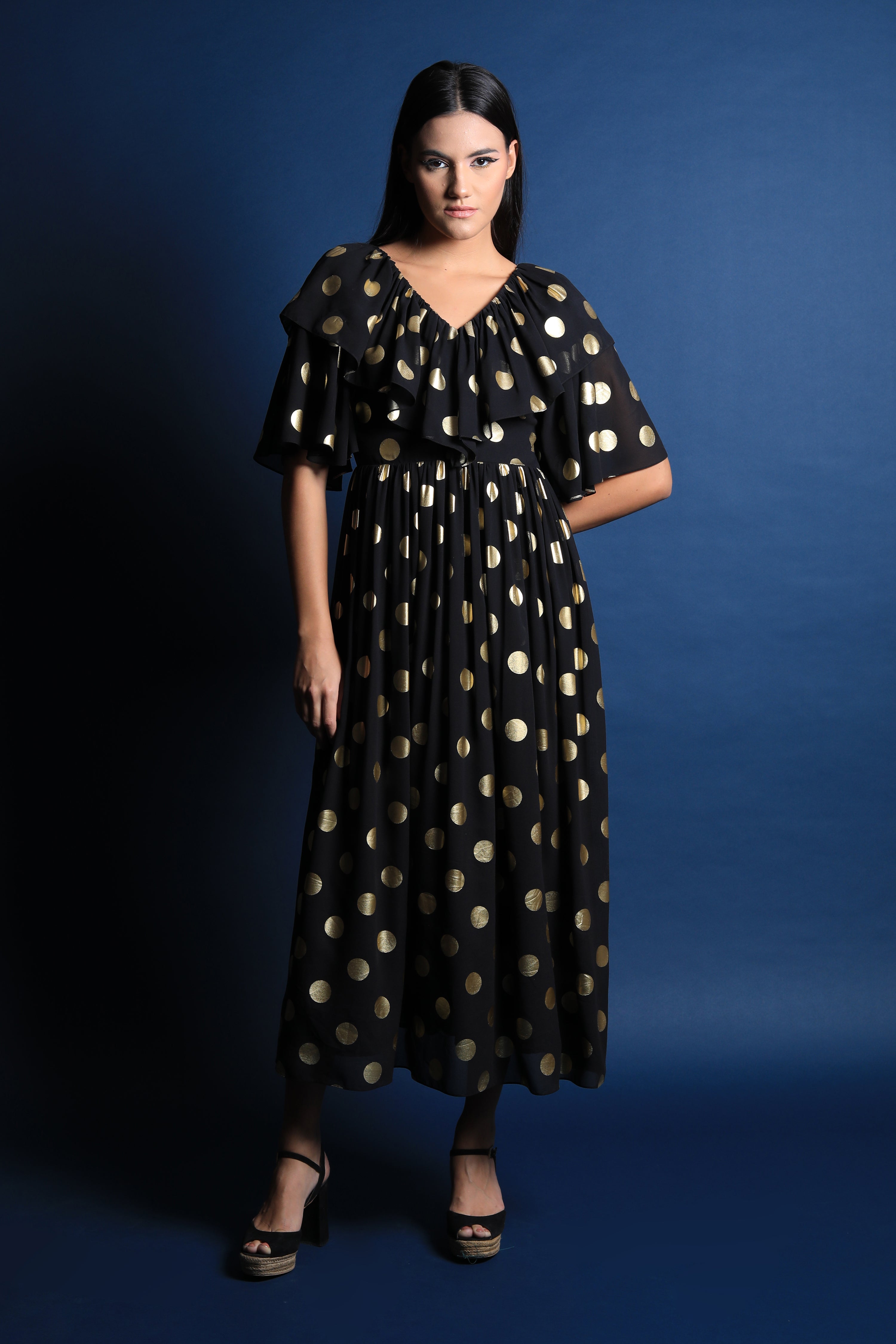 V Neck Midi Dress with Ruffle Detail
