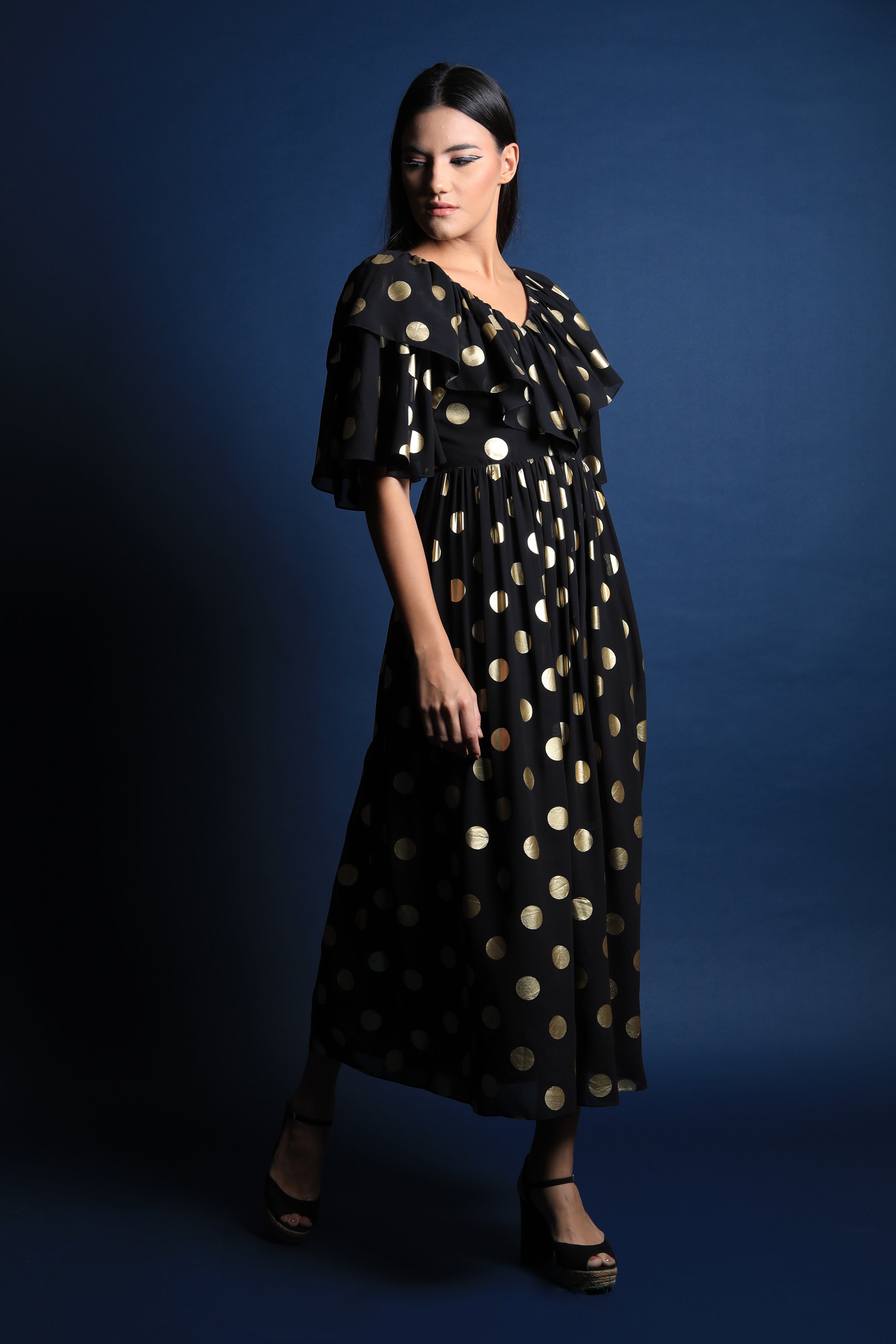 V Neck Midi Dress with Ruffle Detail