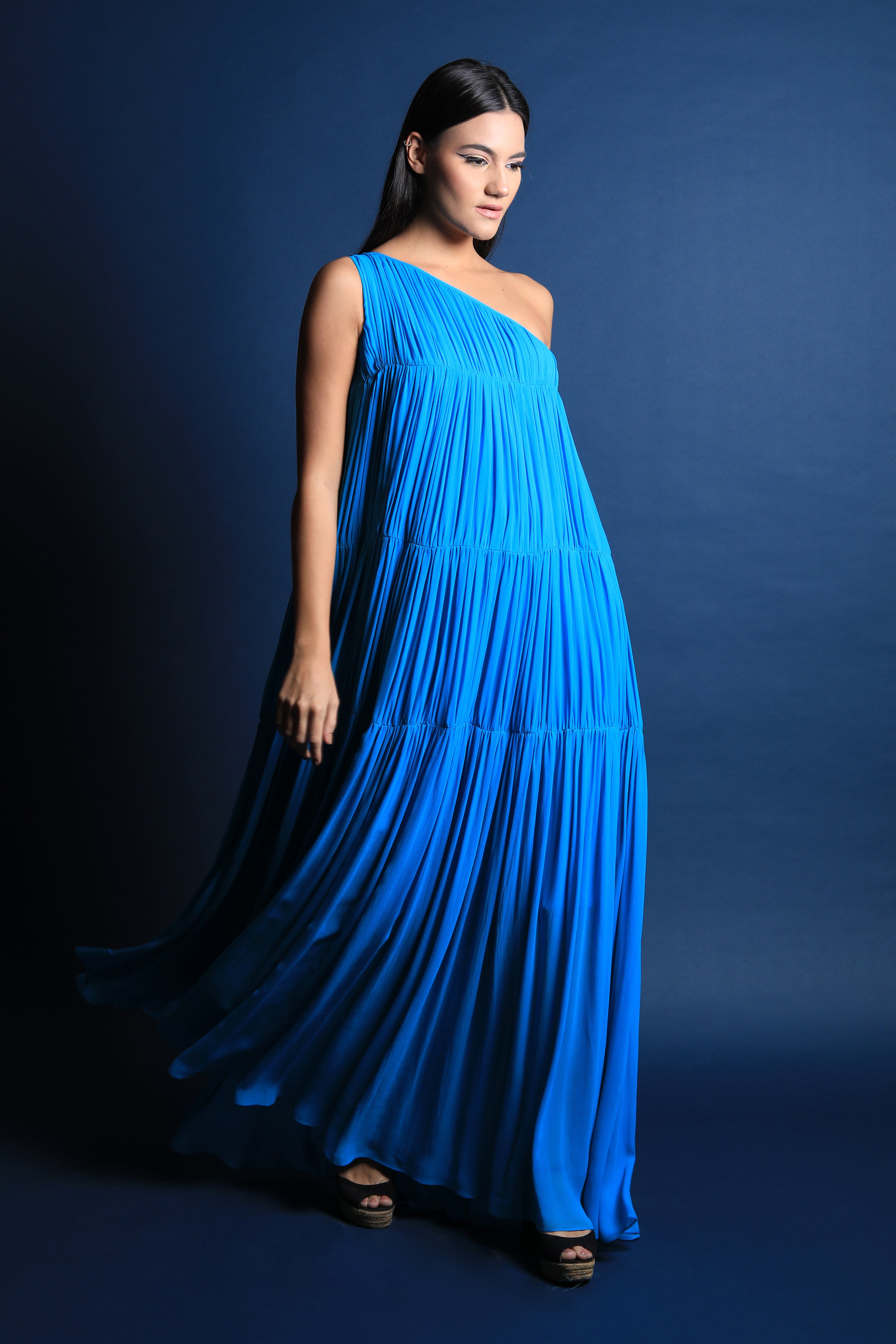 One Shoulder Ruched Tiered Maxi