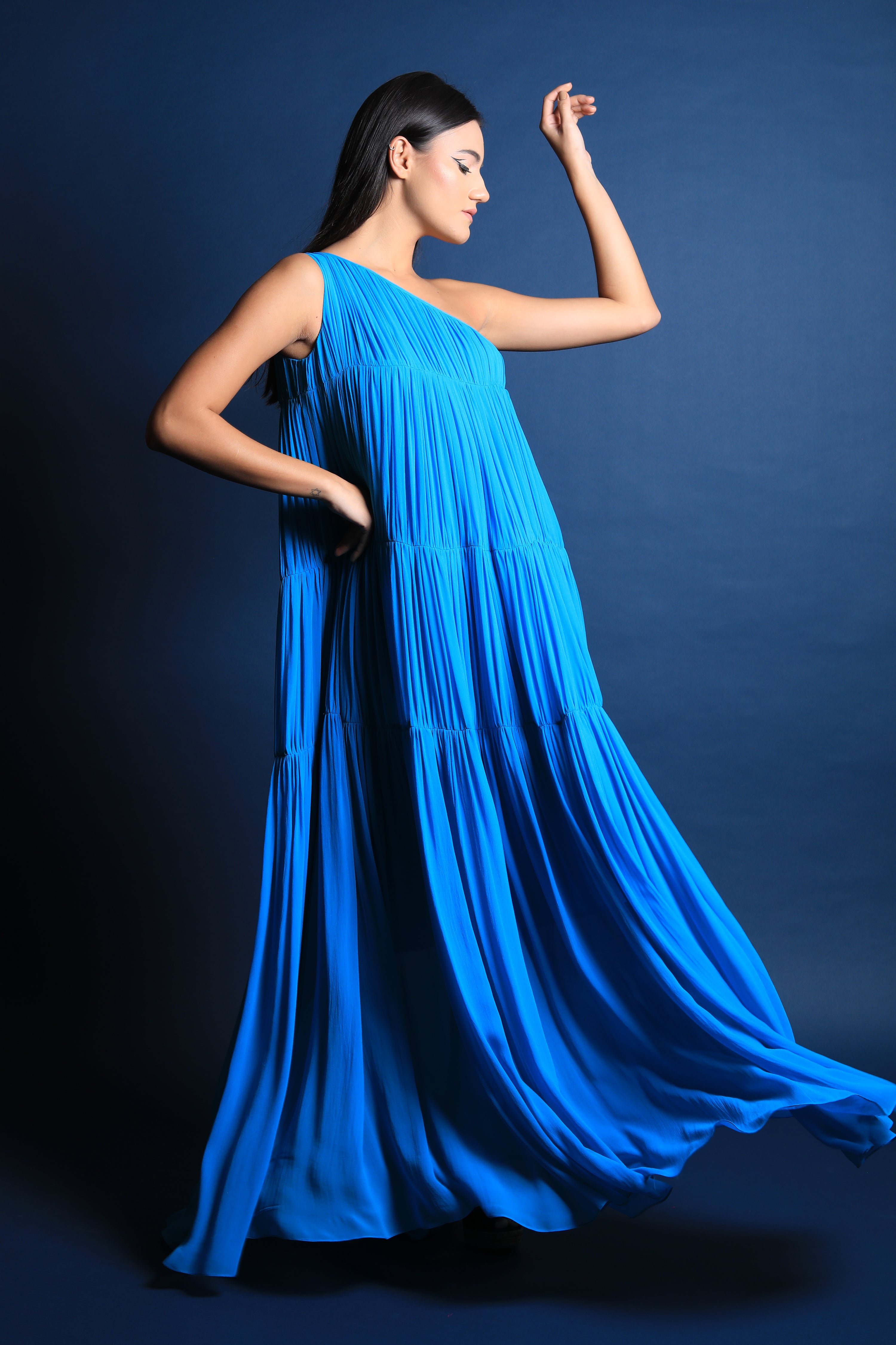 One Shoulder Ruched Tiered Maxi