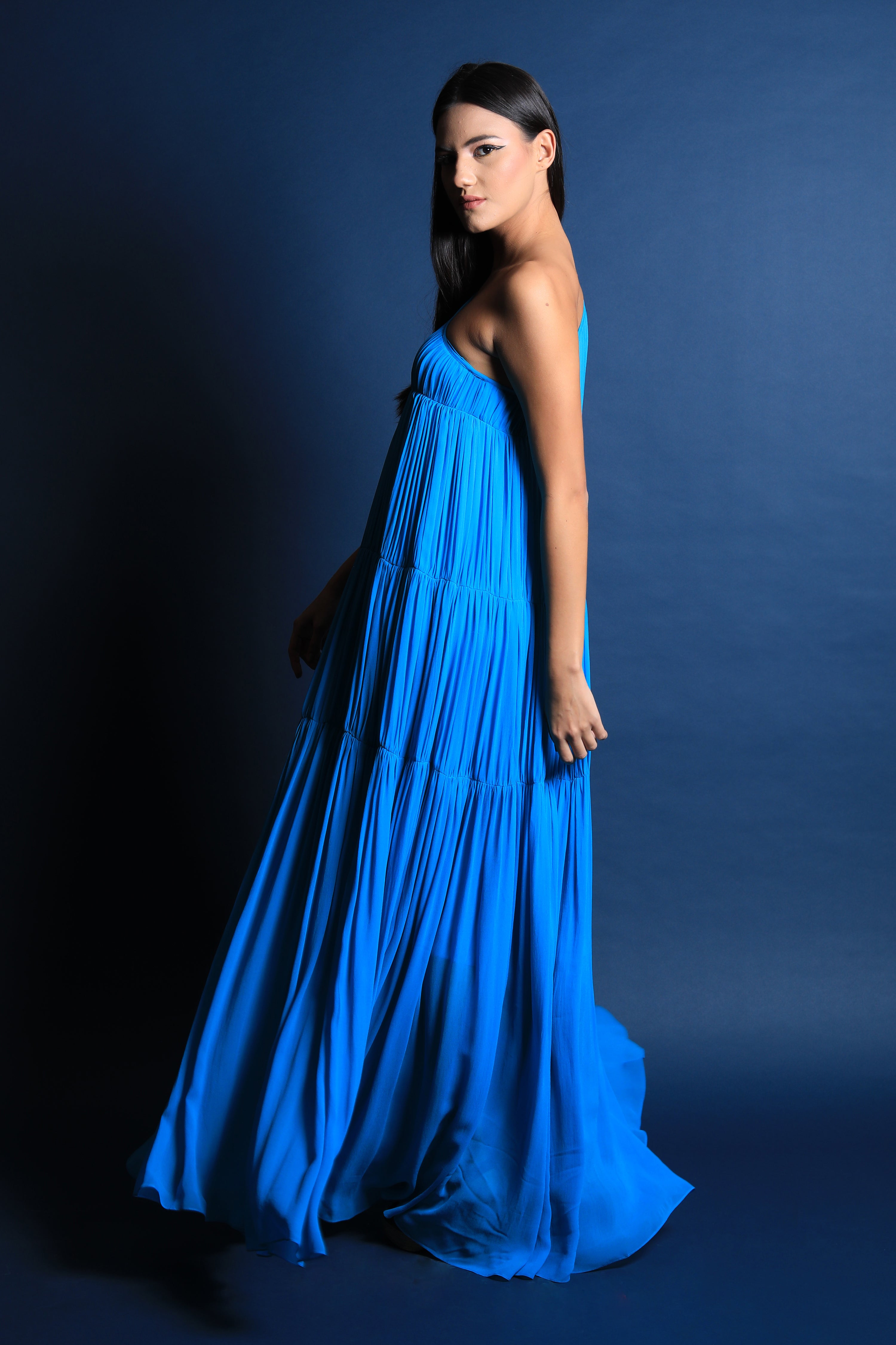One Shoulder Ruched Tiered Maxi