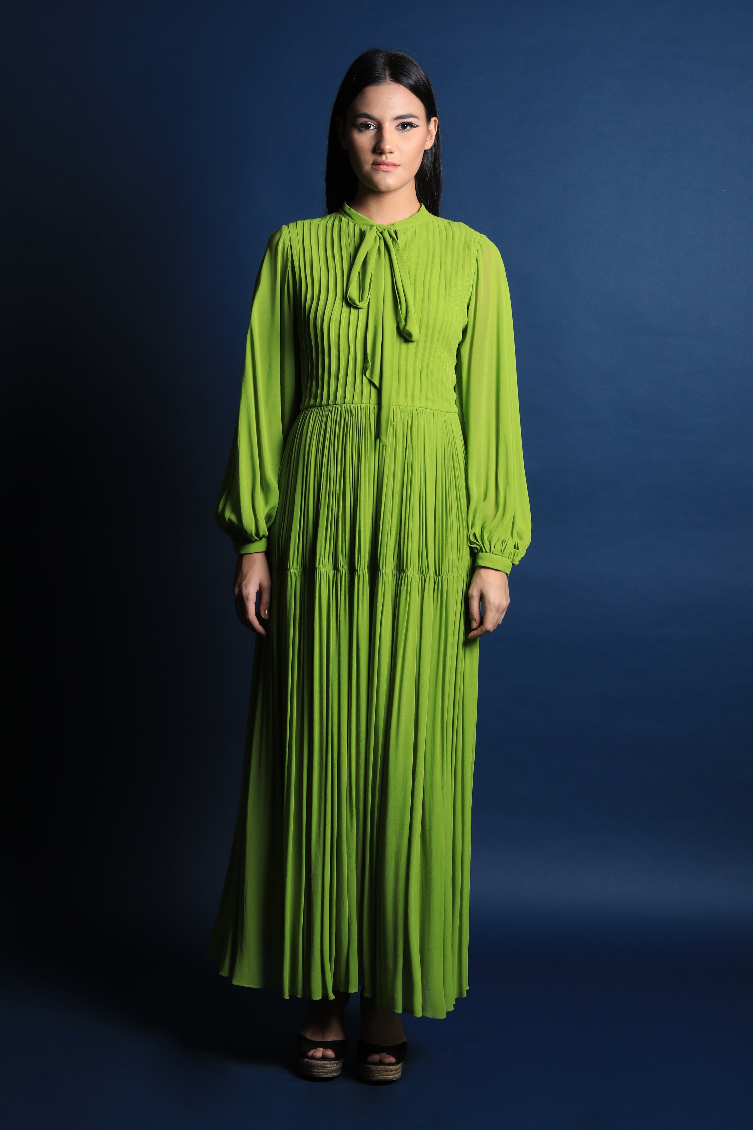 Scarf Collar Maxi Dress With Puff Sleeves