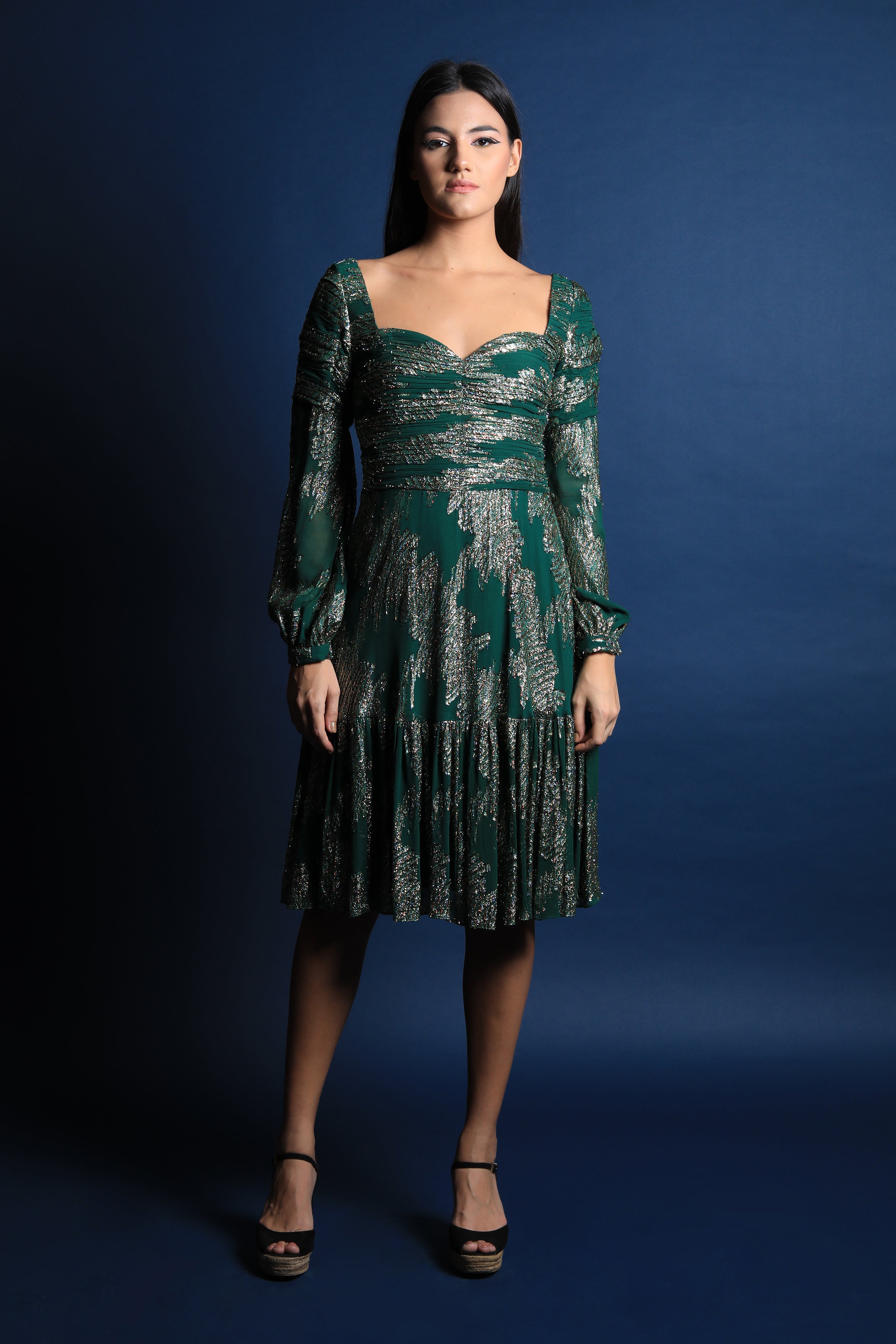 Sweetheart Neck Textured Sleeves Dress